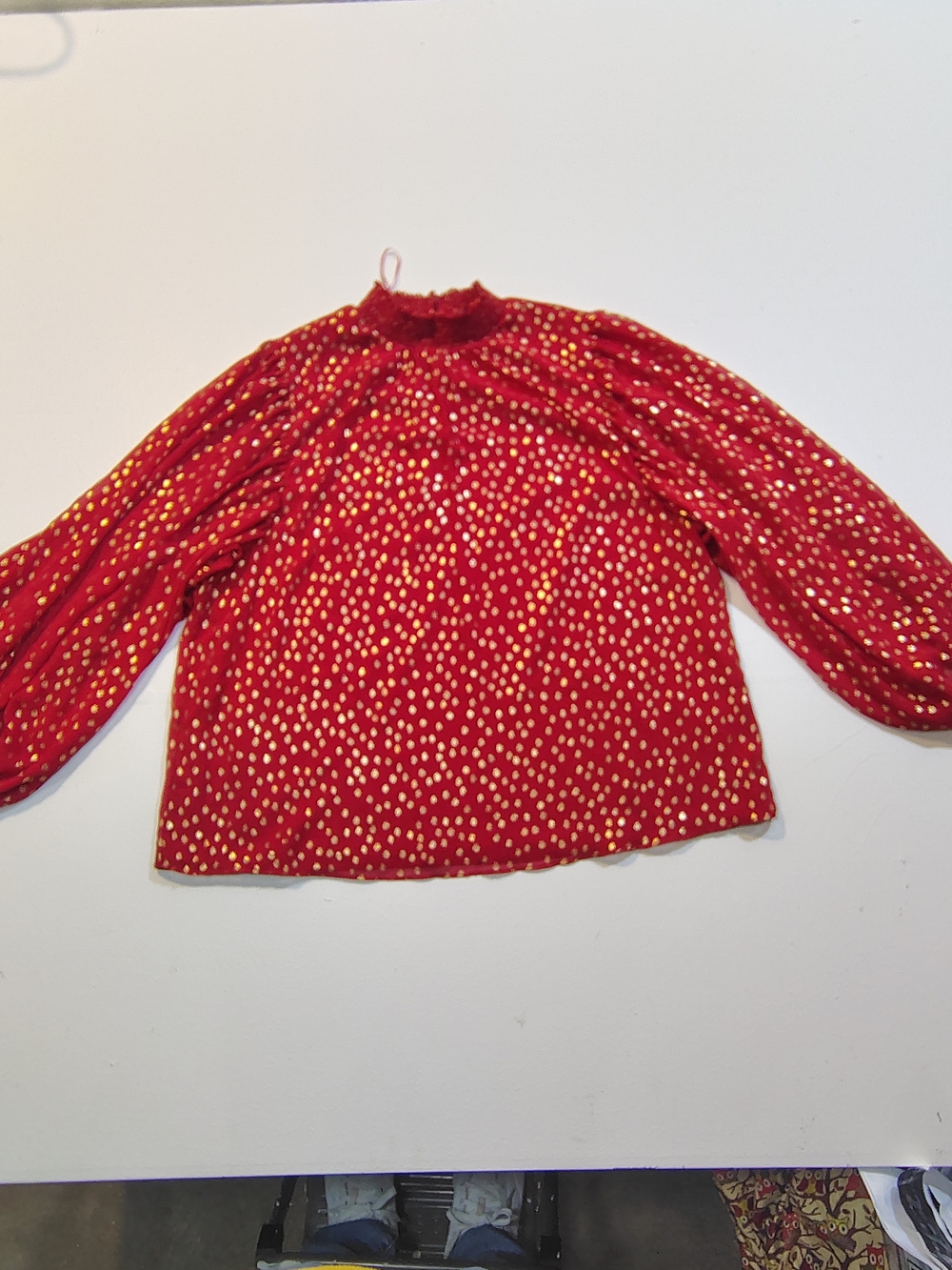 MSK Red Blouse with Gold Dot Accents and Statement Puff Sleeves - Picture 5 of 9